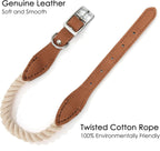 Rope Dog Collar | Durable Braided Cotton Rope Collars | Genuine Leather Dog Collar W Metal Pin Buckle | Classic Puppy Collars for Medium Dog (Beige)
