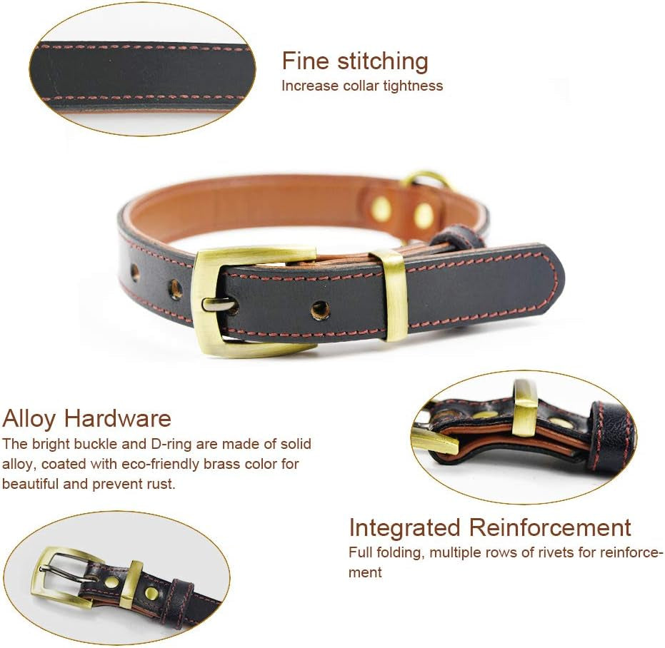 Leather Dog Collar Genuine Leather Alloy Hardware D-Ring Pet Collars for Medium Large and Small Dogs Cats