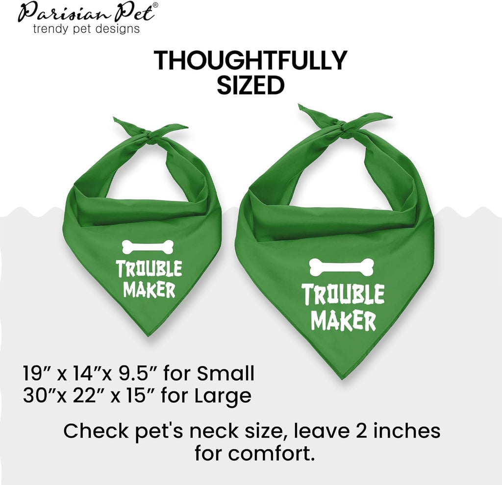 Unisex Dog Bandanas Funny with Printed 'Trouble Maker' Word - Tie-On Adjustable Polyester Dog Scarf for Small Dogs - Washable Triangle Dog Bib - Green Handkerchief for Pets - S
