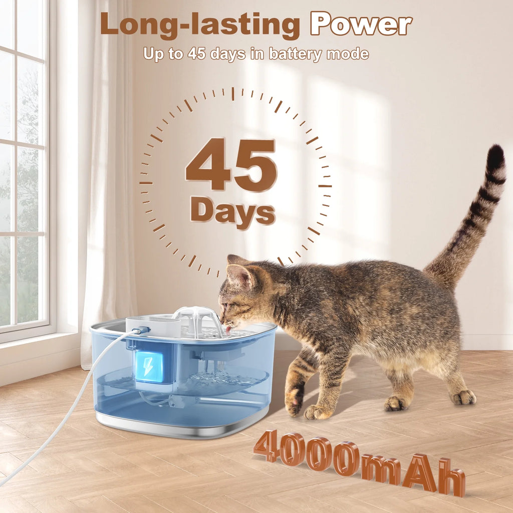Wireless Cat Water Fountain Battery Operated, 108Oz/3.2L Automatic Pet Fountain for Dogs Cats Drinking Indoor, 8 Filters