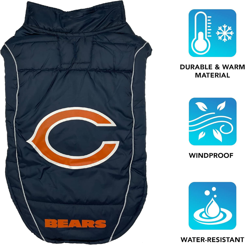 NFL Chicago Bears Puffer Vest for Dogs & Cats, Size Medium. Warm, Cozy, and Waterproof Dog Coat, for Small and Large Dogs/Cats. Best NFL Licensed PET Warming Sports Jacket
