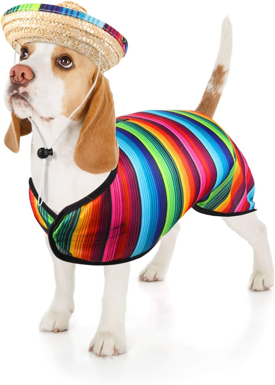 Dog Sombrero Hat Pet Serape Poncho Costume Funny Dog Multicolor Adjustable Mexican Straw Hat Chihuahua Clothes(Small)