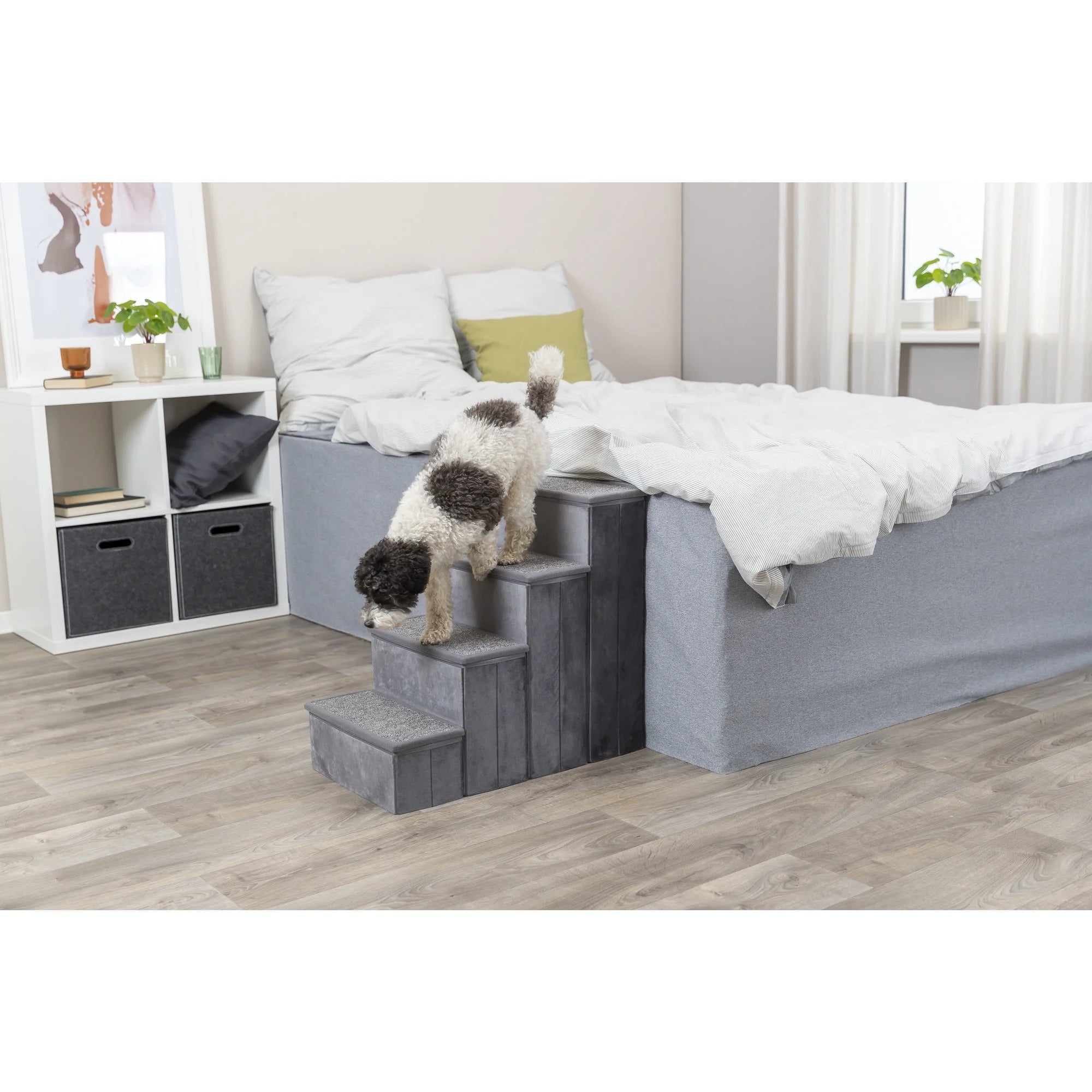 4-Step Foldable Velour Pet Stairs with Storage, Gray