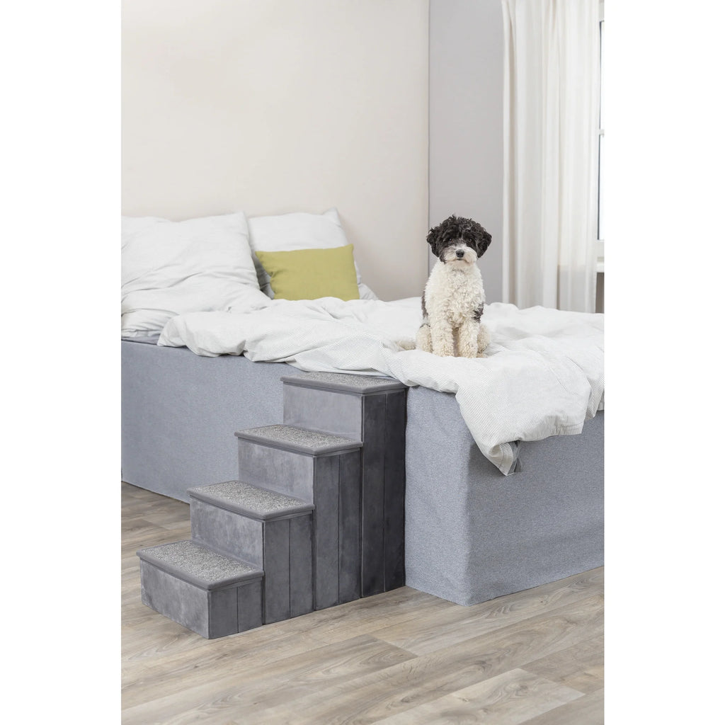 4-Step Foldable Velour Pet Stairs with Storage, Gray