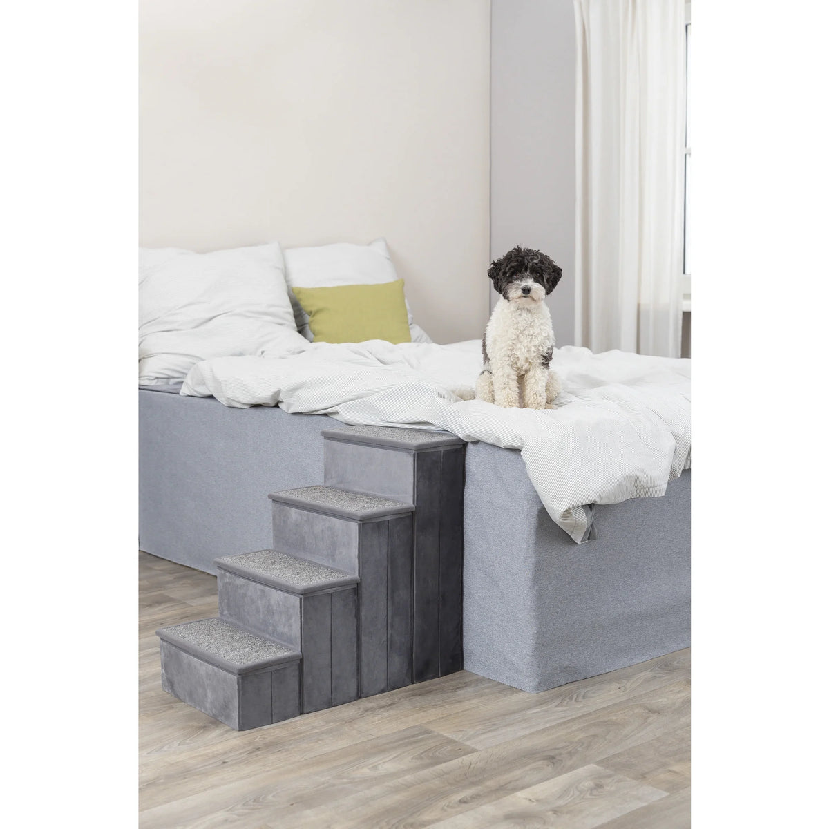 4-Step Foldable Velour Pet Stairs with Storage, Gray