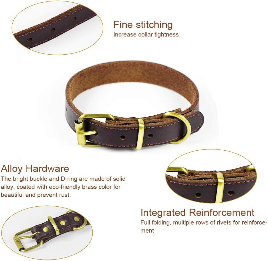 Leather Dog Collar Genuine Leather Alloy Hardware D-Ring Pet Collars for Medium Large and Small Dogs Cats Brown