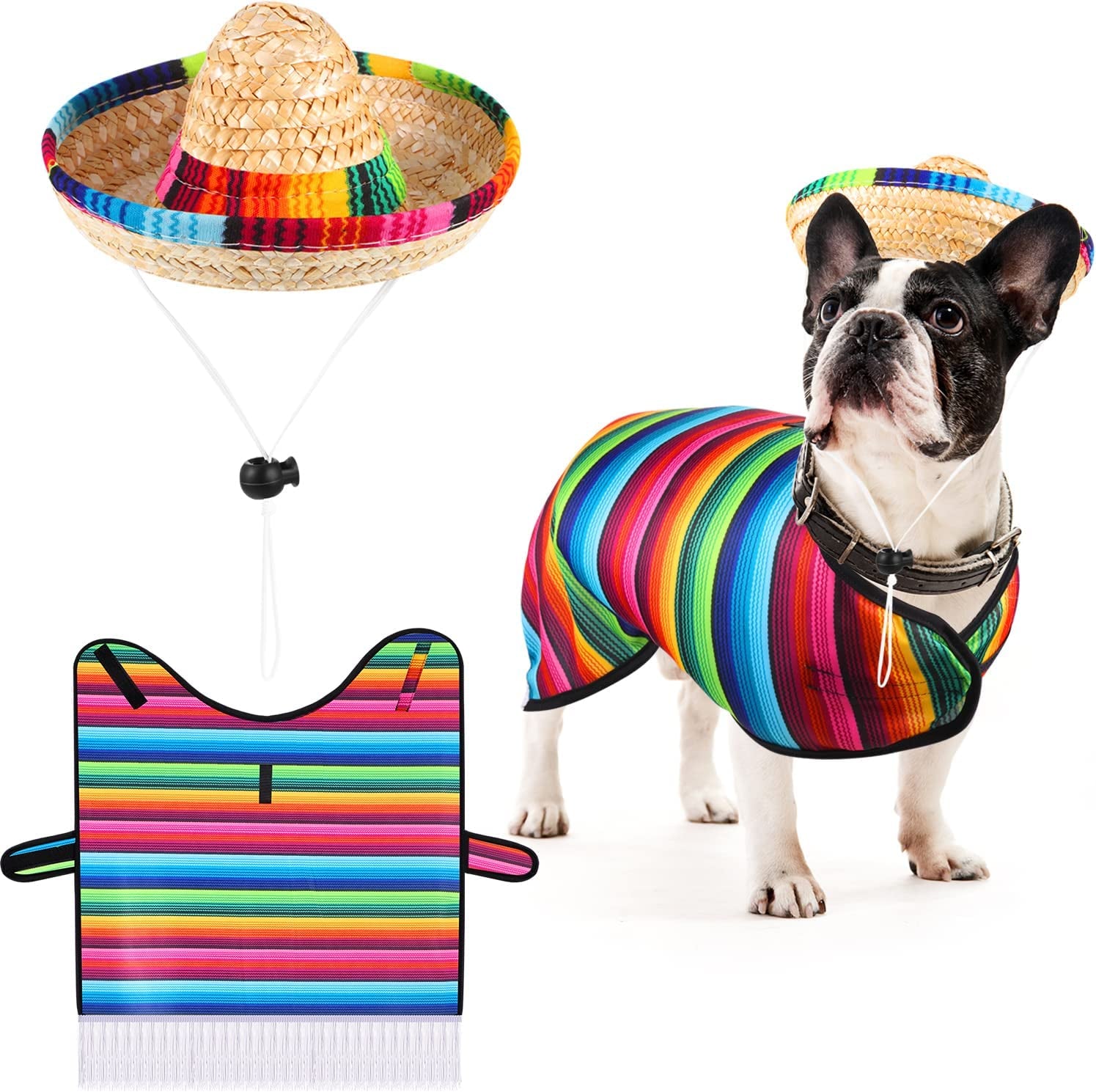 Dog Sombrero Hat Pet Serape Poncho Costume Funny Dog Multicolor Adjustable Mexican Straw Hat Chihuahua Clothes(Medium)