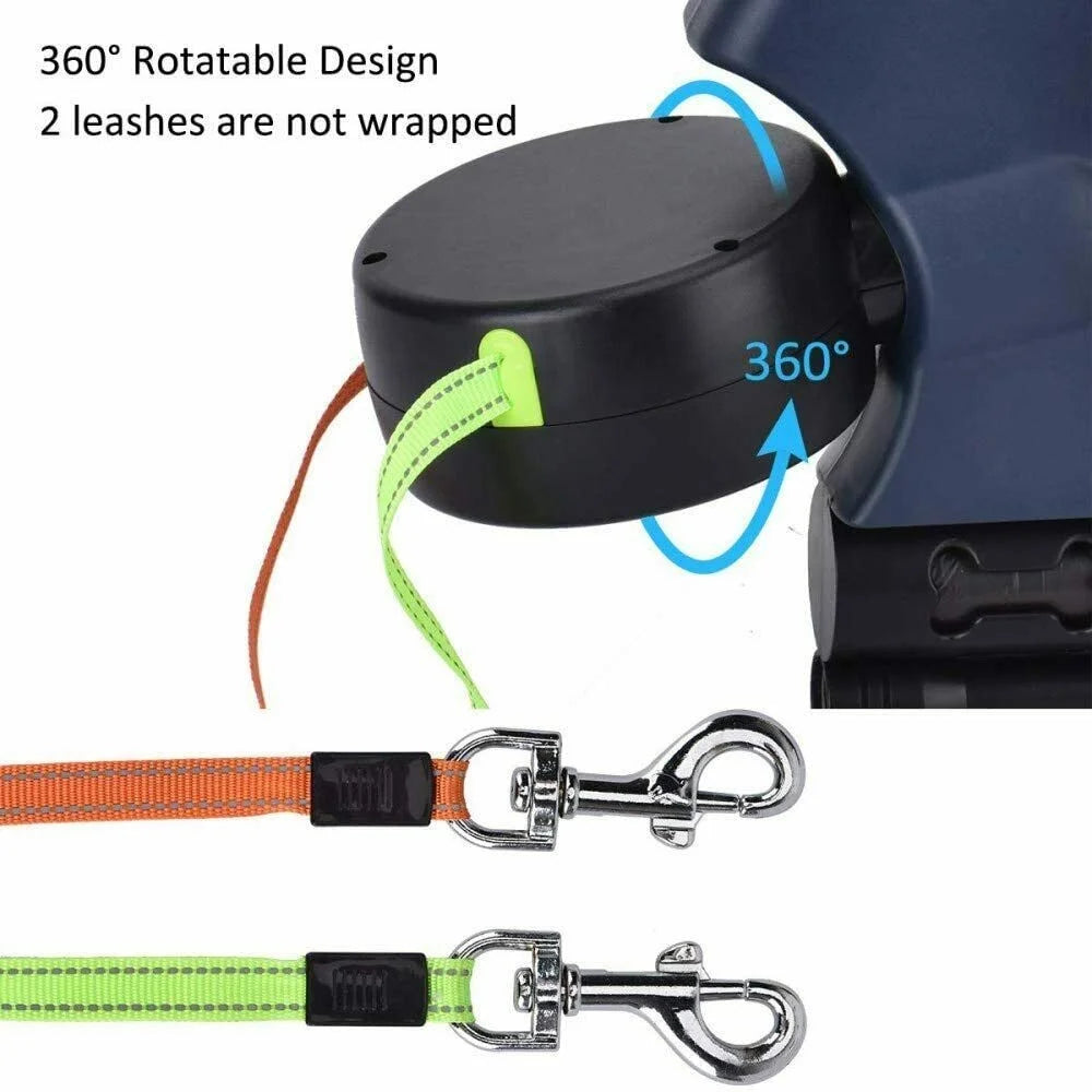 Two Dog Reflective Retractable Pet Leash – 360 Degree No Tangle Double Dogs Reflective Orange and Green Leads. Dual Locking 10 Ft Leads