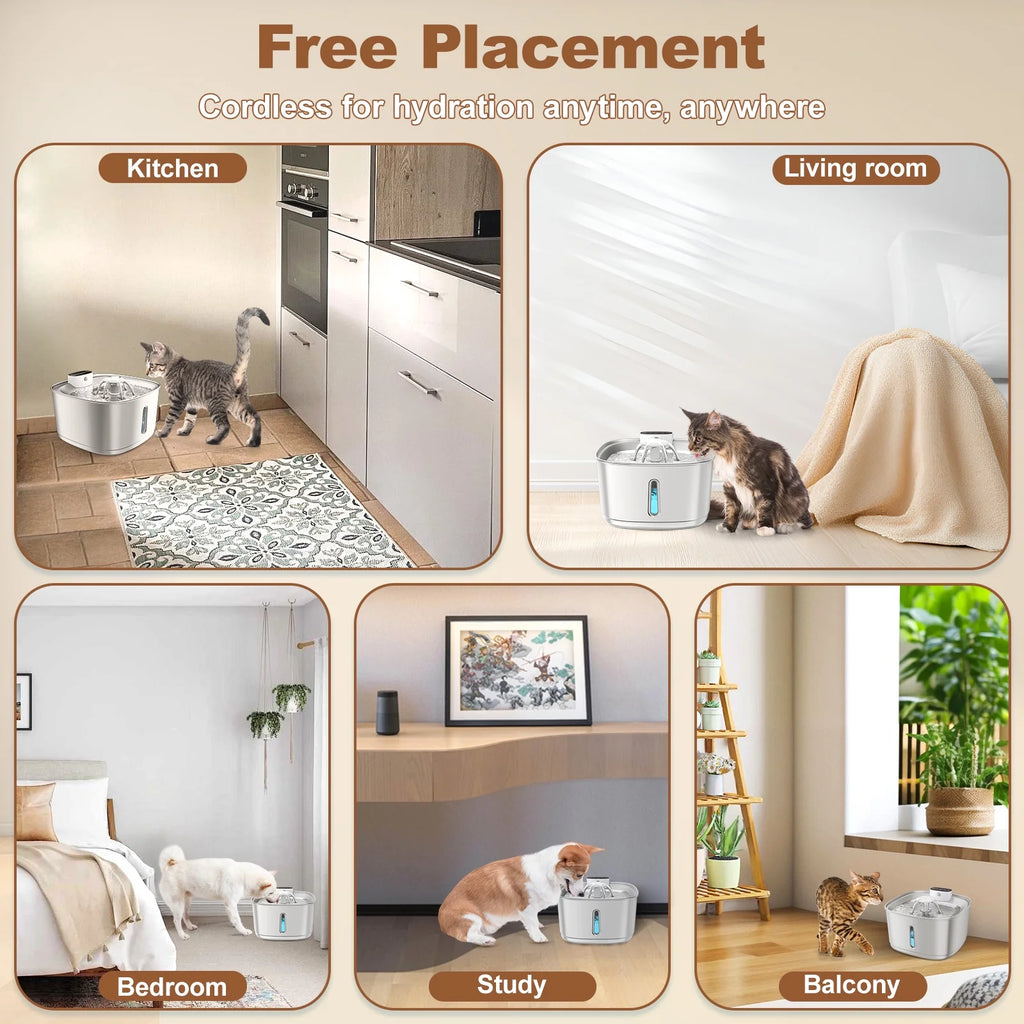 Wireless Cat Water Fountain Battery Operated, 108Oz/3.2L Automatic Pet Fountain for Dogs Cats Drinking Indoor, 8 Filters