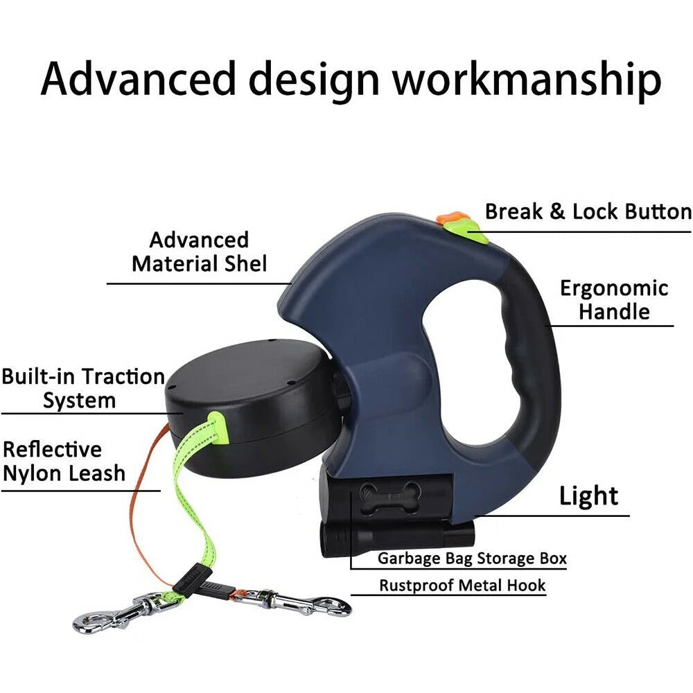 Two Dog Reflective Retractable Pet Leash – 360 Degree No Tangle Double Dogs Reflective Orange and Green Leads. Dual Locking 10 Ft Leads