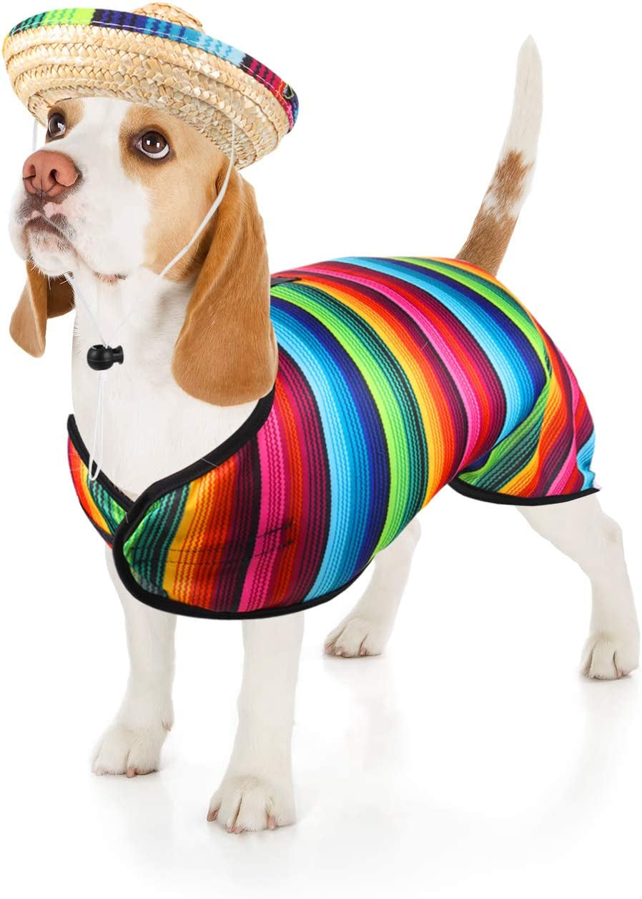 Dog Sombrero Hat Pet Serape Poncho Costume Funny Dog Multicolor Adjustable Mexican Straw Hat Chihuahua Clothes(Medium)