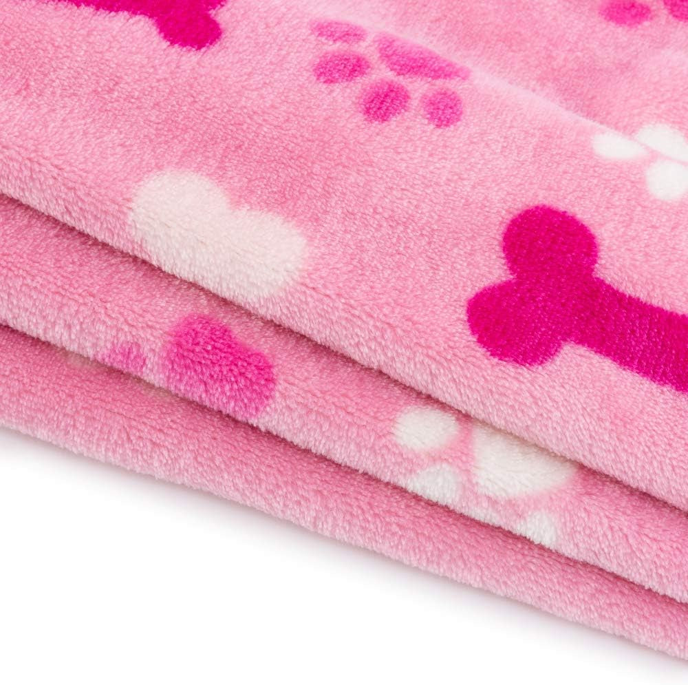 Luxurious Dog Blanket, 350 GSM Super Fuzzy Microplush Fleece Pet Blankets for Small Medium Large Dogs and Cats, Pink Paw and Bone, 40" X 32"