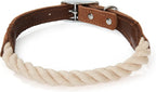 Rope Dog Collar | Durable Braided Cotton Rope Collars | Genuine Leather Dog Collar W Metal Pin Buckle | Classic Puppy Collars for Medium Dog (Beige)