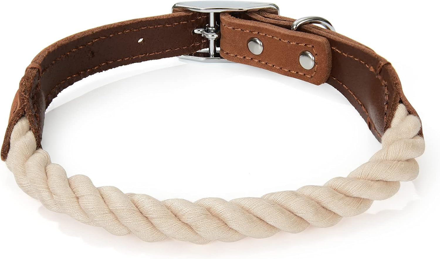 Rope Dog Collar | Durable Braided Cotton Rope Collars | Genuine Leather Dog Collar W Metal Pin Buckle | Classic Puppy Collars for Medium Dog (Beige)
