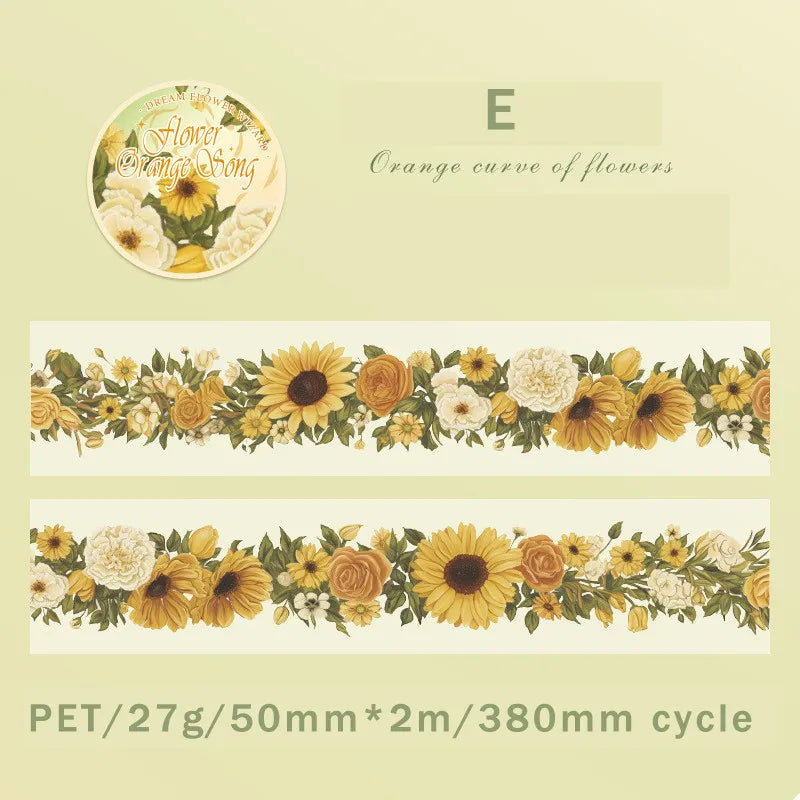 Journamm 50Mm*2M PET Flowers Tapes Sunflower Rose DIY Scrapbooking Art Collage Photo Album Waterproof Tapes Creative Stationery