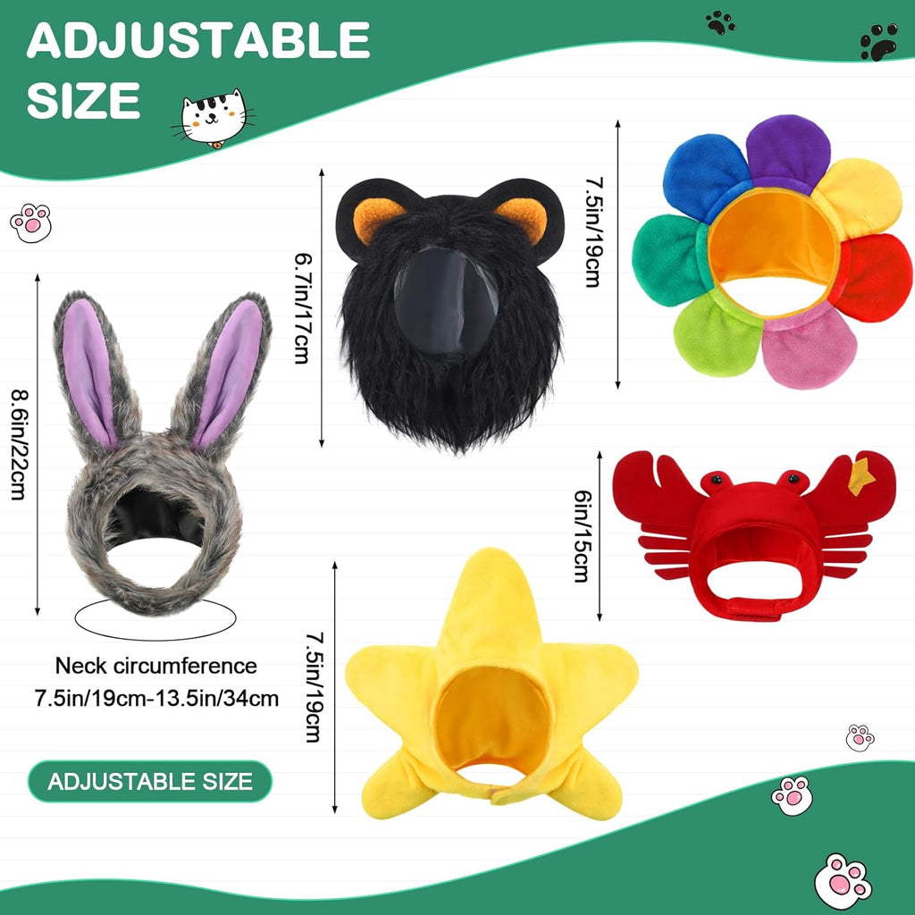 5 Pieces Cat Hat Dog Costume Cute Bunny Rabbit Hat with Ears Headwear Lion Mane Cap Valentine New Years Day Party Accessory for Kitten Puppy Dress up Adjustable Birthday Party