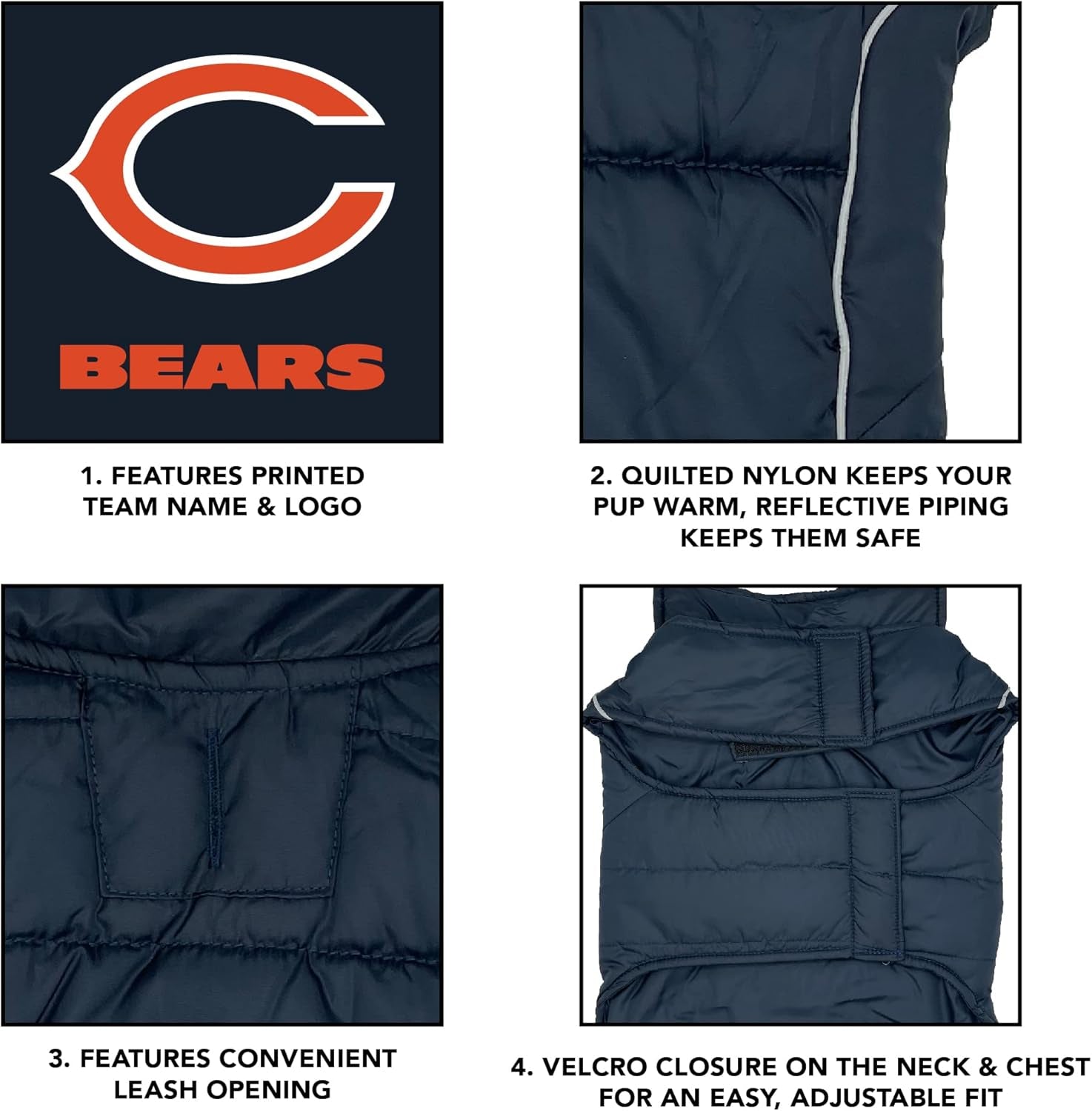 NFL Chicago Bears Puffer Vest for Dogs & Cats, Size Medium. Warm, Cozy, and Waterproof Dog Coat, for Small and Large Dogs/Cats. Best NFL Licensed PET Warming Sports Jacket