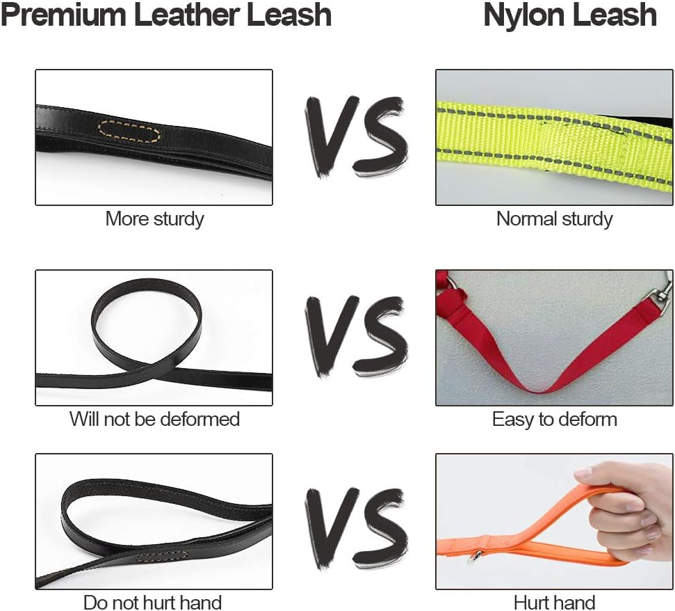 Leather Dog Leash, Genuine Leather 2 Handle Leash Heavy Duty Durable for Pet Walking and Training for Large Medium Small Dog 72X0.8 Inch (Black)