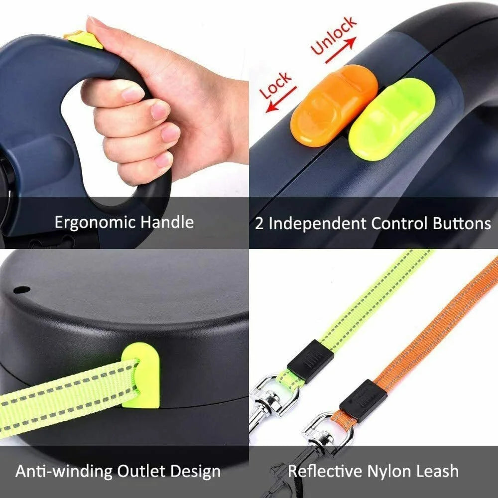 Two Dog Reflective Retractable Pet Leash – 360 Degree No Tangle Double Dogs Reflective Orange and Green Leads. Dual Locking 10 Ft Leads