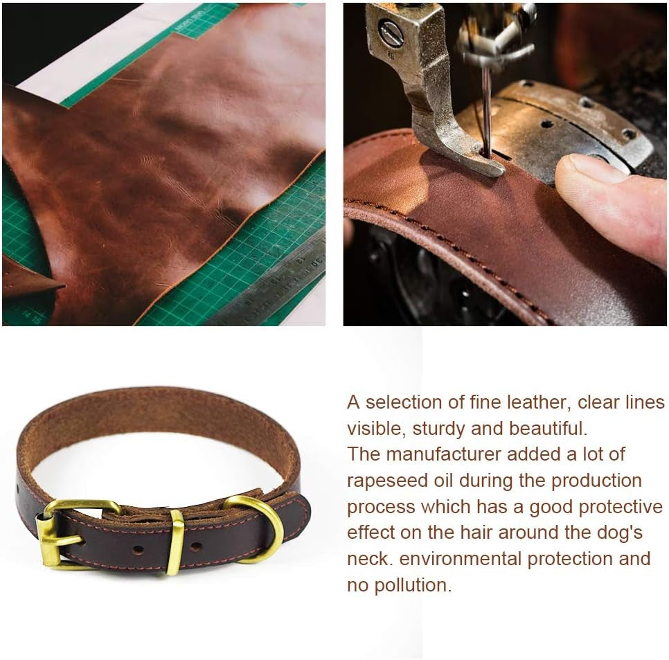 Leather Dog Collar Genuine Leather Alloy Hardware D-Ring Pet Collars for Medium Large and Small Dogs Cats Brown