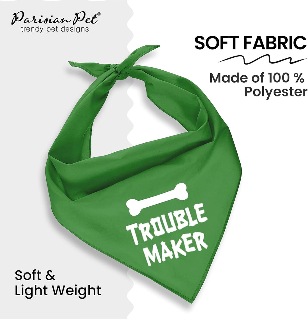 Unisex Dog Bandanas Funny with Printed 'Trouble Maker' Word - Tie-On Adjustable Polyester Dog Scarf for Small Dogs - Washable Triangle Dog Bib - Green Handkerchief for Pets - S