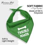 Unisex Dog Bandanas Funny with Printed 'Trouble Maker' Word - Tie-On Adjustable Polyester Dog Scarf for Small Dogs - Washable Triangle Dog Bib - Green Handkerchief for Pets - S