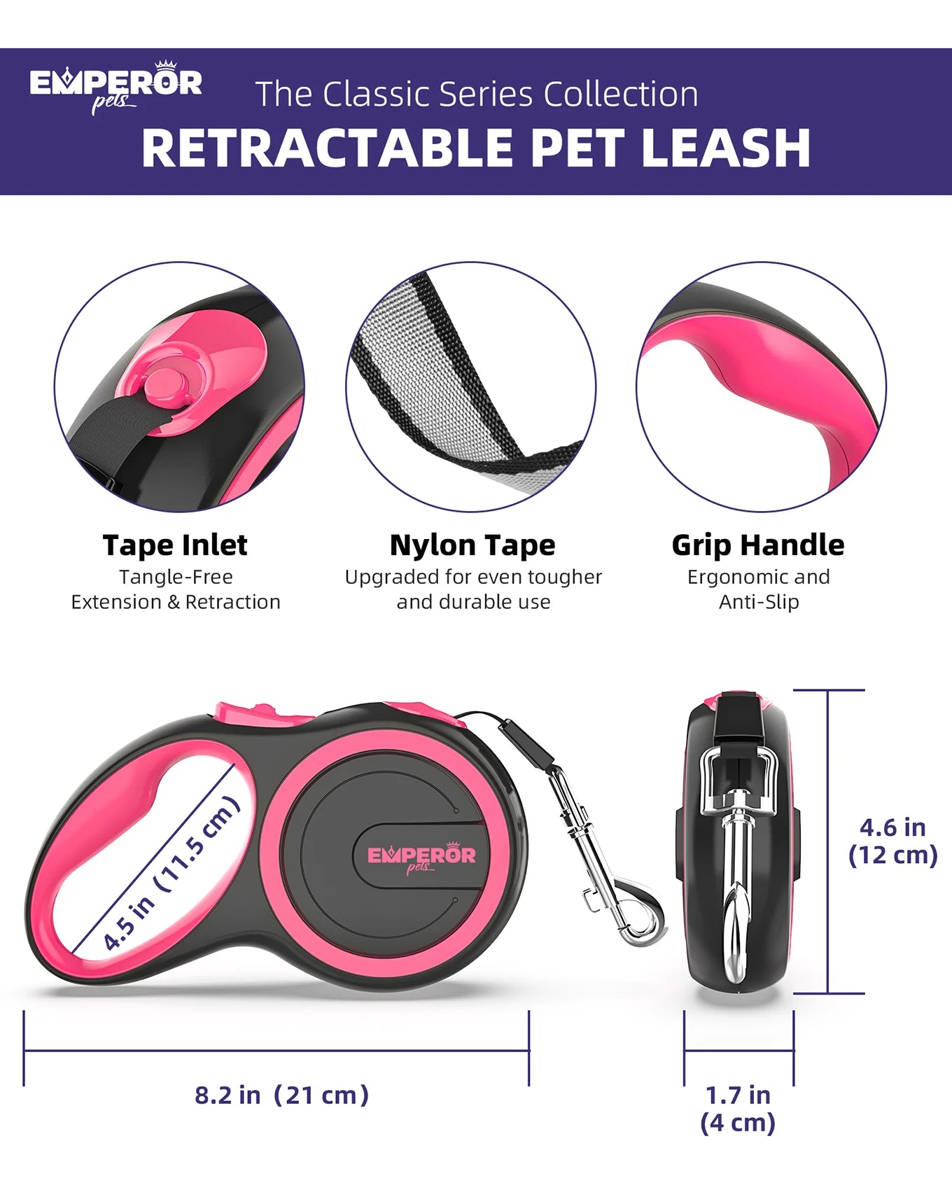 Retractable Dog Leash, 26 Ft, Large, Pink, for Dogs up to 110 Lbs -PK26