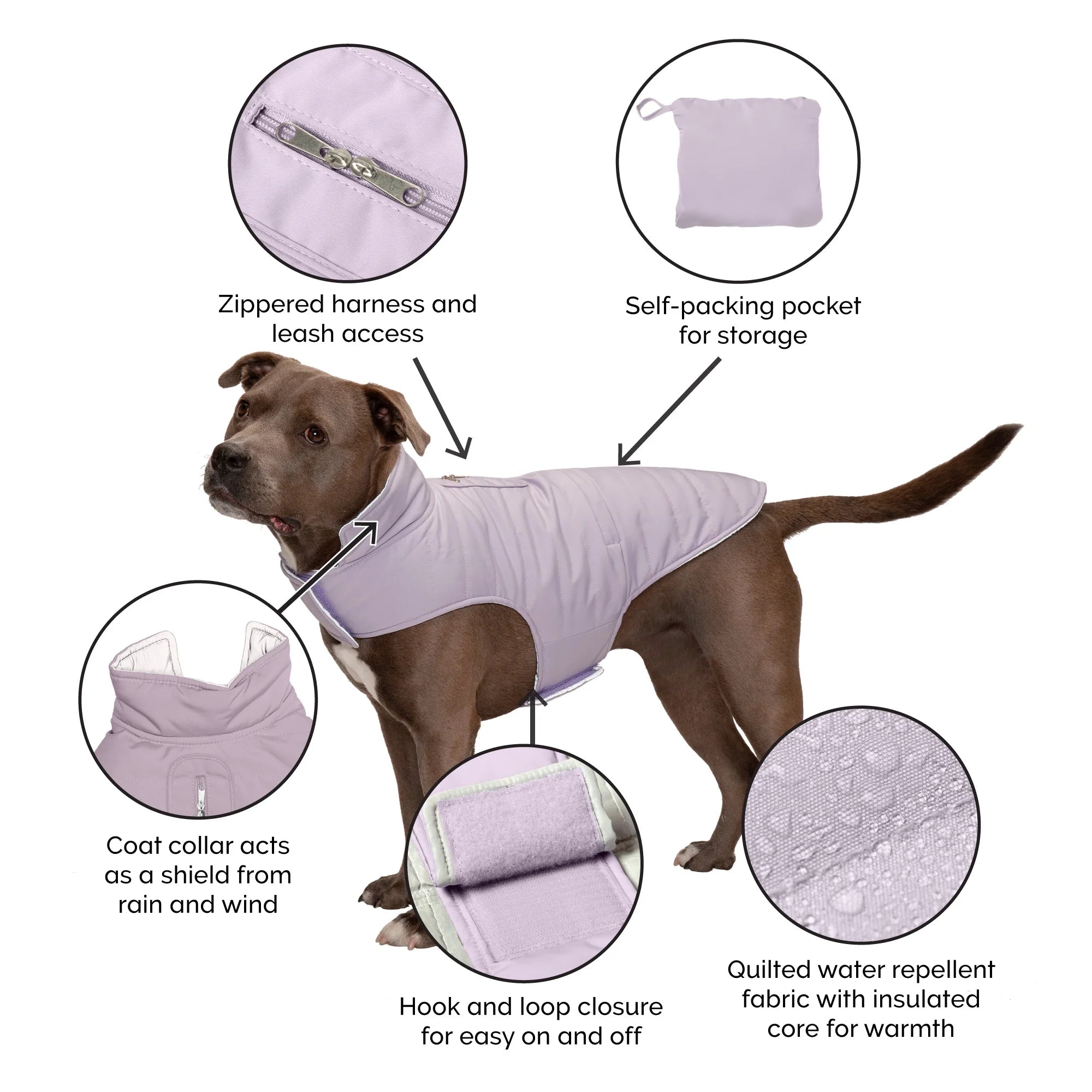 Pet Coat | Water-Repellent Reversible Reflective Puffer Dog Coat, Lavender, Medium
