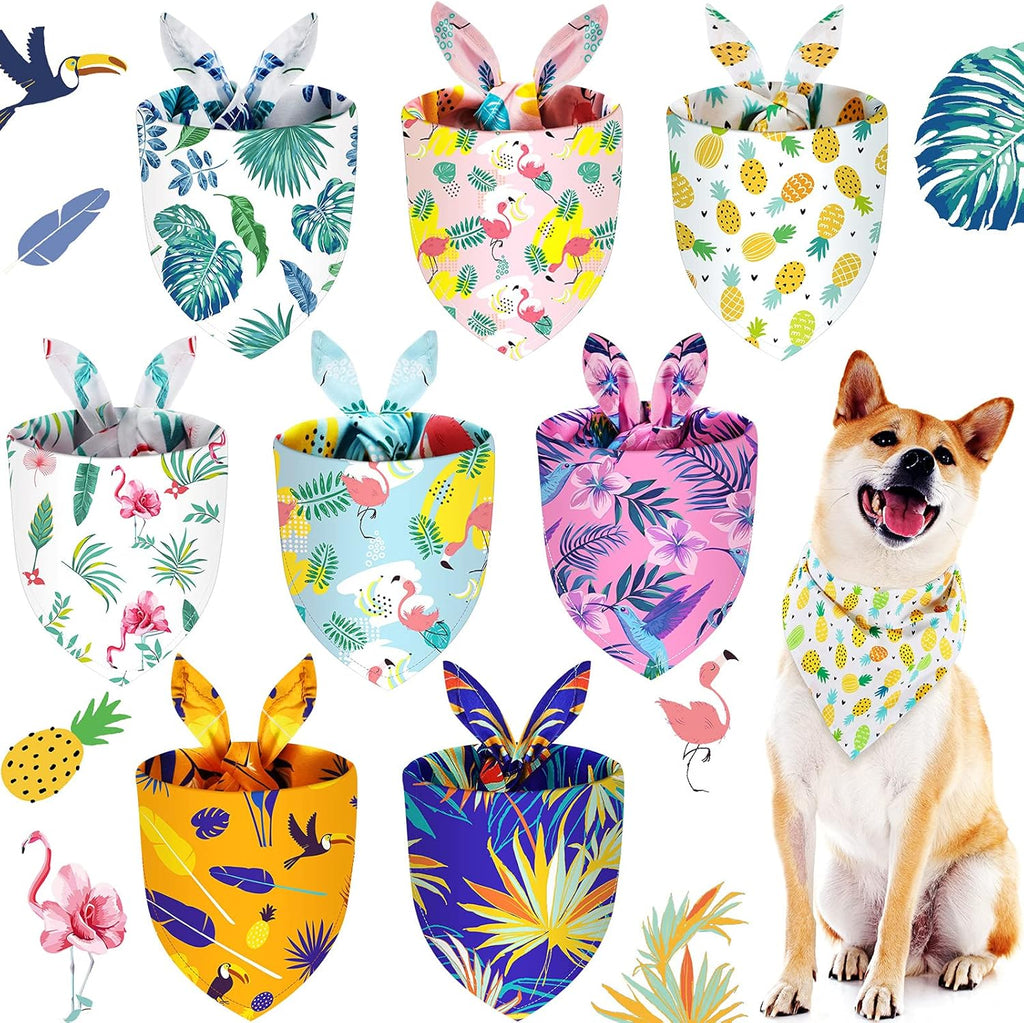 8 Pieces Summer Pet Bandanas Triangle Dog Bandana Hawaiian Dog Scarf Triangle Bibs Adjustable Rainforest Fruit Flamingo Style for Small Large Pet(L)