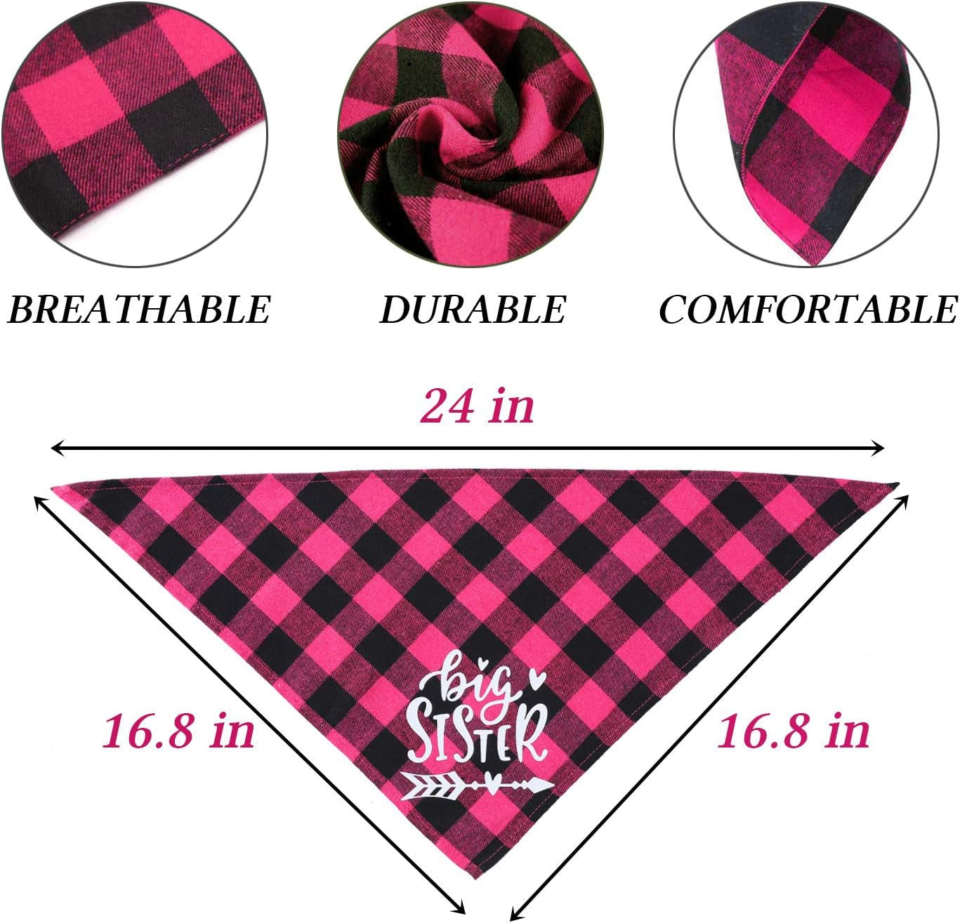 Big Sister Plaid Dog Bandana, Pregnancy Announcement Plaid Dog Bandana, Gender Reveal Photo Prop, Pet Scarf Accessories, Pet Scarves for Dogs (Pink)
