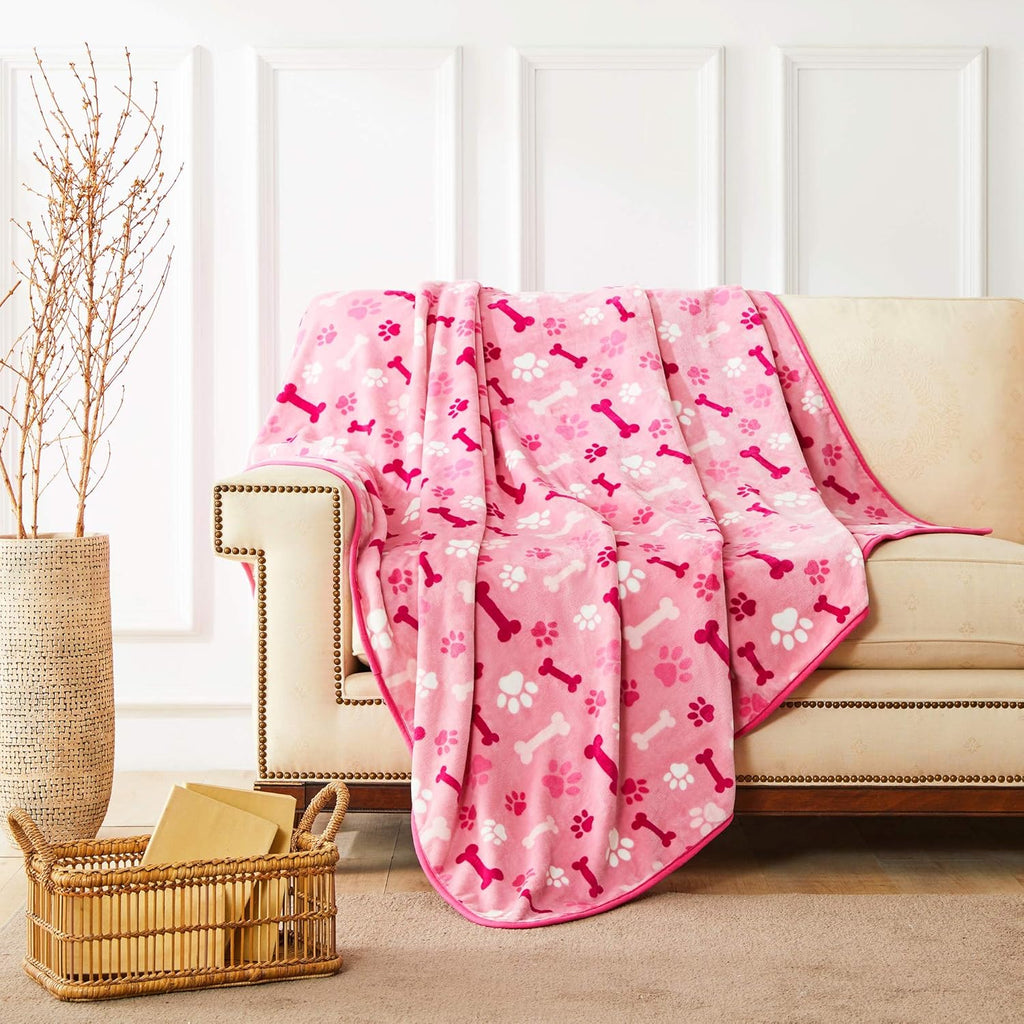 Luxurious Dog Blanket, 350 GSM Super Fuzzy Microplush Fleece Pet Blankets for Small Medium Large Dogs and Cats, Pink Paw and Bone, 40" X 32"