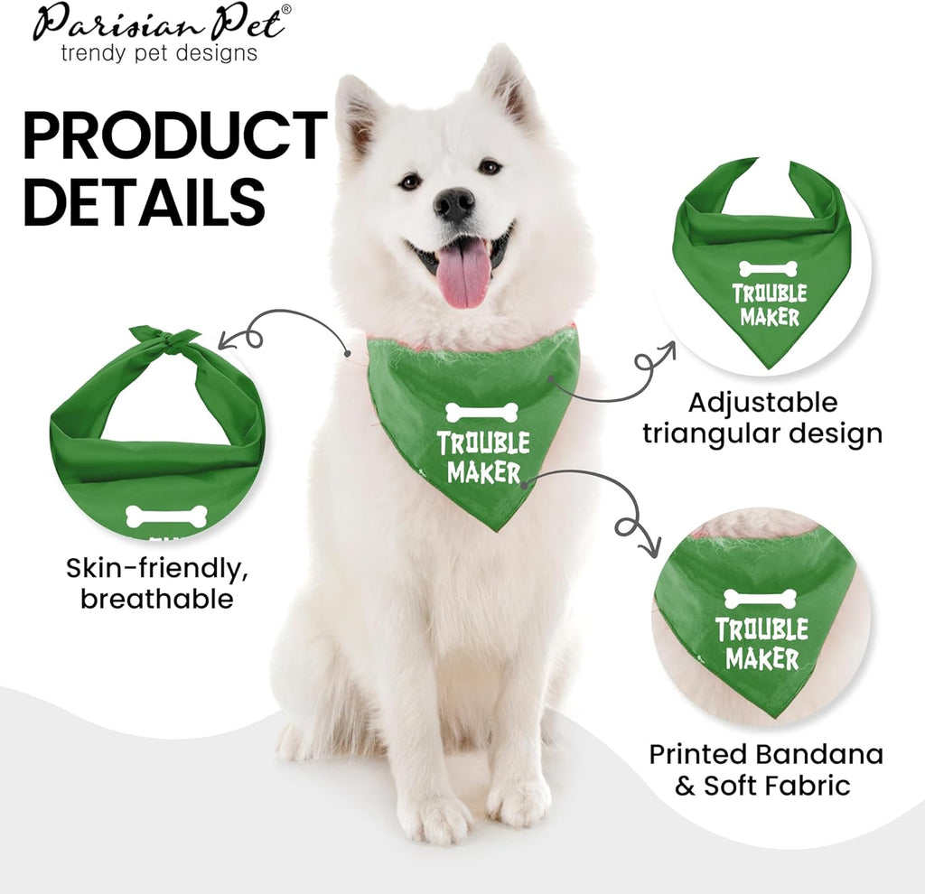 Unisex Dog Bandanas Funny with Printed 'Trouble Maker' Word - Tie-On Adjustable Polyester Dog Scarf for Small Dogs - Washable Triangle Dog Bib - Green Handkerchief for Pets - S