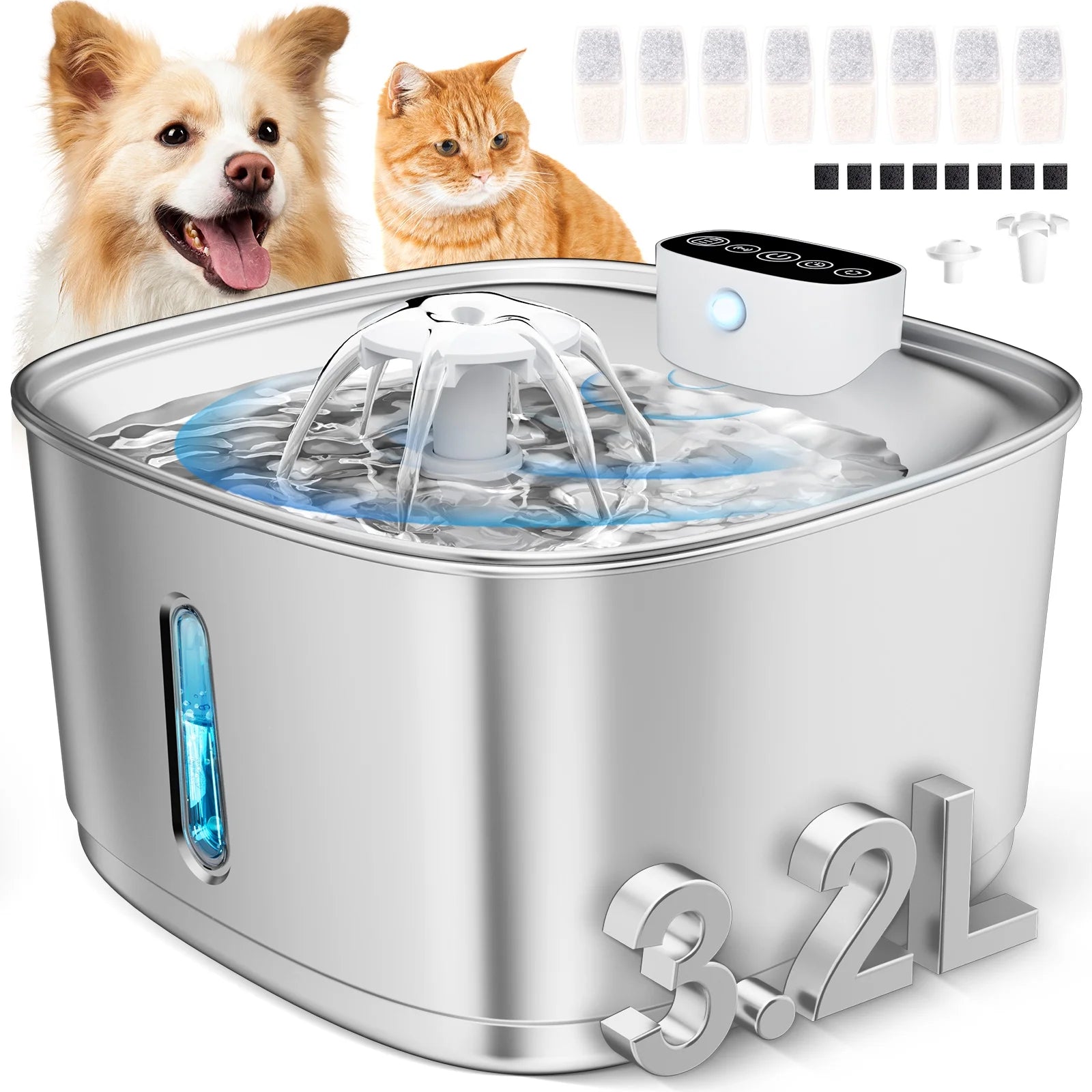 Wireless Cat Water Fountain Battery Operated, 108Oz/3.2L Automatic Pet Fountain for Dogs Cats Drinking Indoor, 8 Filters