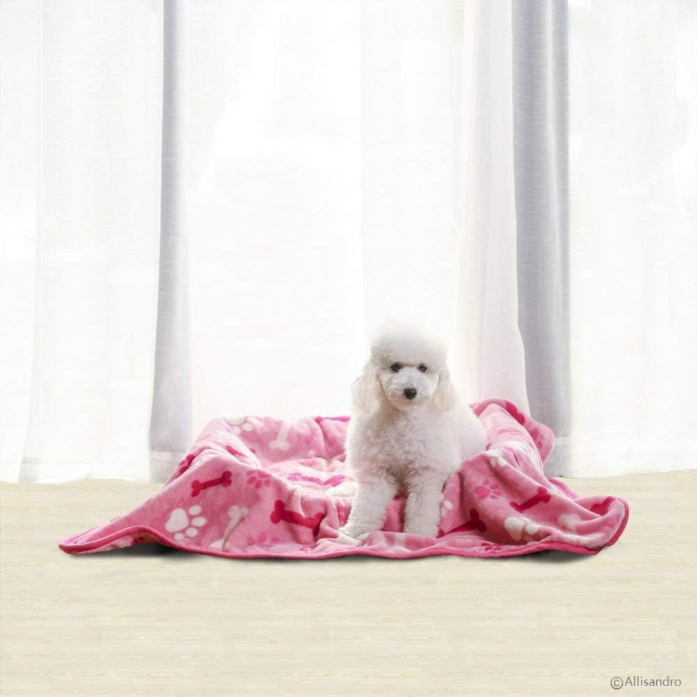 Luxurious Dog Blanket, 350 GSM Super Fuzzy Microplush Fleece Pet Blankets for Small Medium Large Dogs and Cats, Pink Paw and Bone, 40" X 32"
