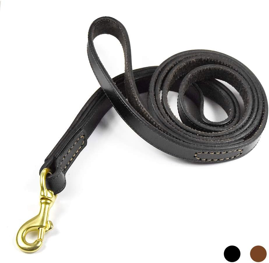 Leather Dog Leash, Genuine Leather 2 Handle Leash Heavy Duty Durable for Pet Walking and Training for Large Medium Small Dog 72X0.8 Inch (Black)