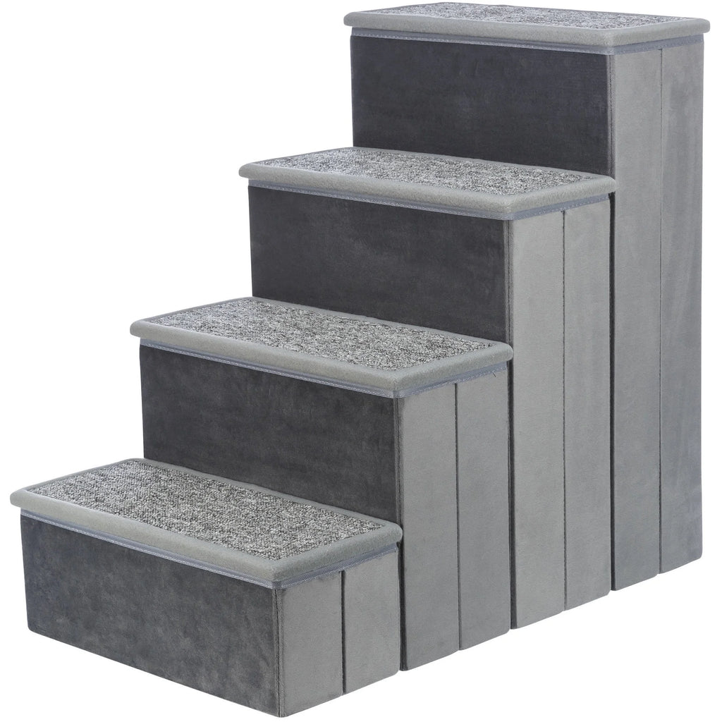 4-Step Foldable Velour Pet Stairs with Storage, Gray