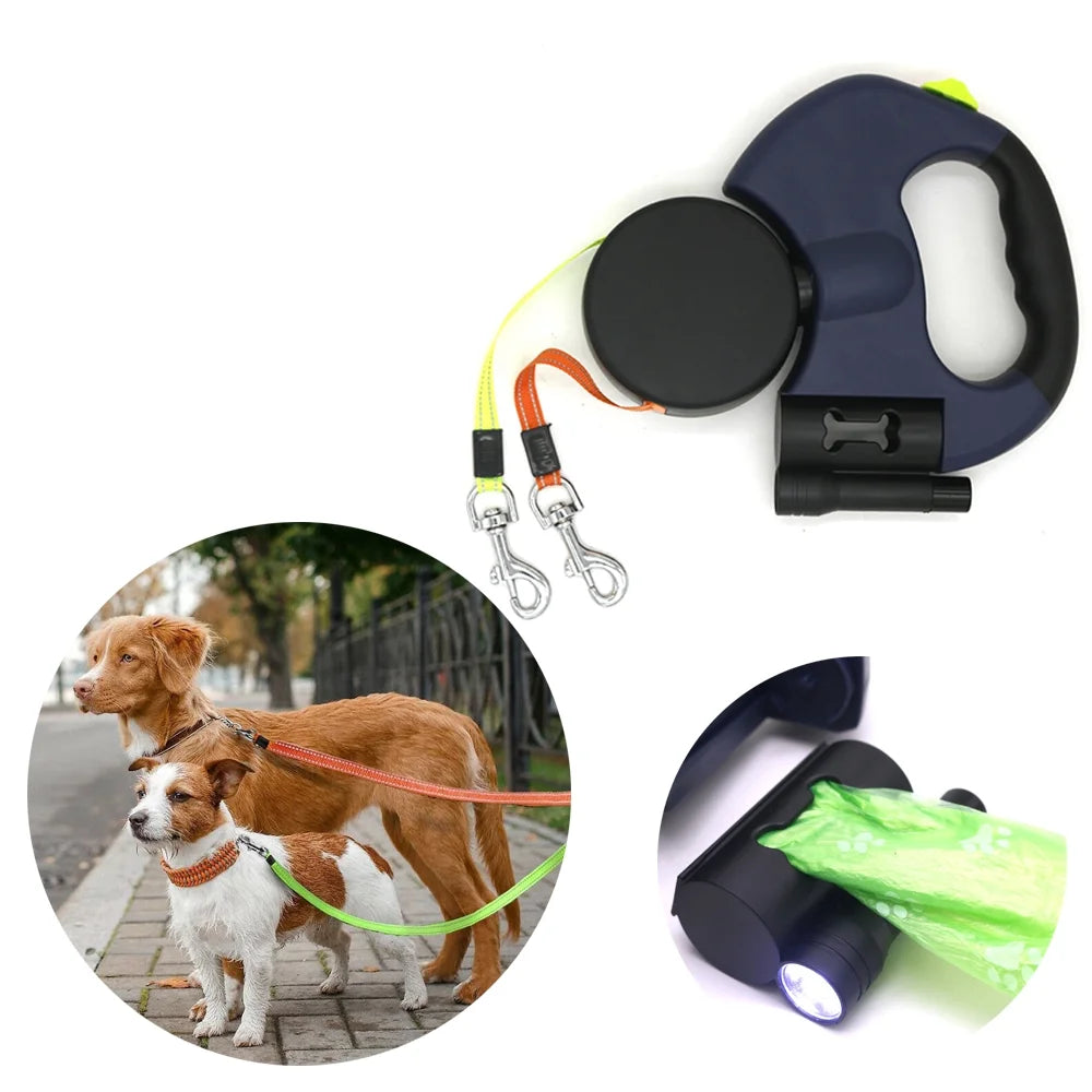 Two Dog Reflective Retractable Pet Leash – 360 Degree No Tangle Double Dogs Reflective Orange and Green Leads. Dual Locking 10 Ft Leads