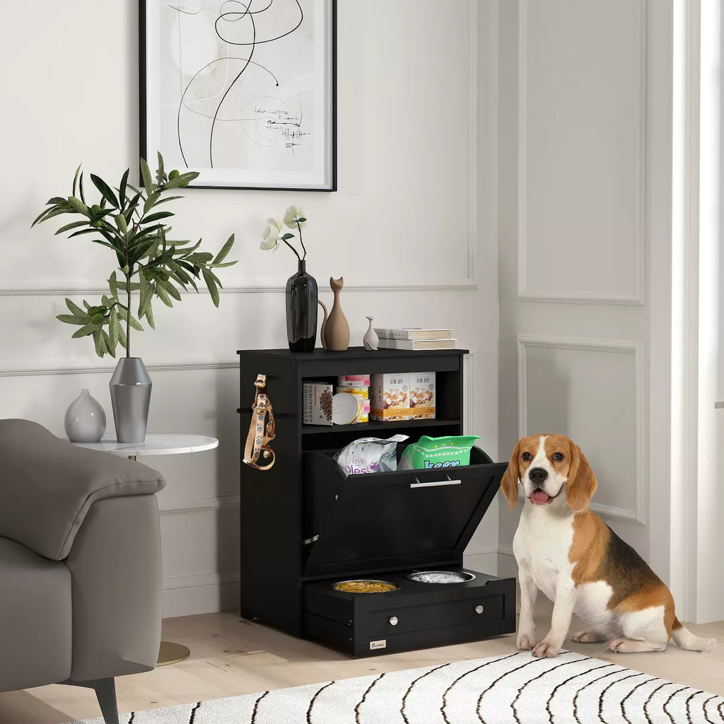 Pawhut Pet Feeder Station Storage Cabinet, Dog Food Storage Container with Dog Raised Bowls and Hanger for Feeding & Watering Supplies, White