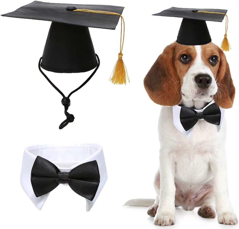 Pet Graduation Caps with Bow Tie Necktie Collar Dog Graduation Hats Accessory Costume for Dogs Cats