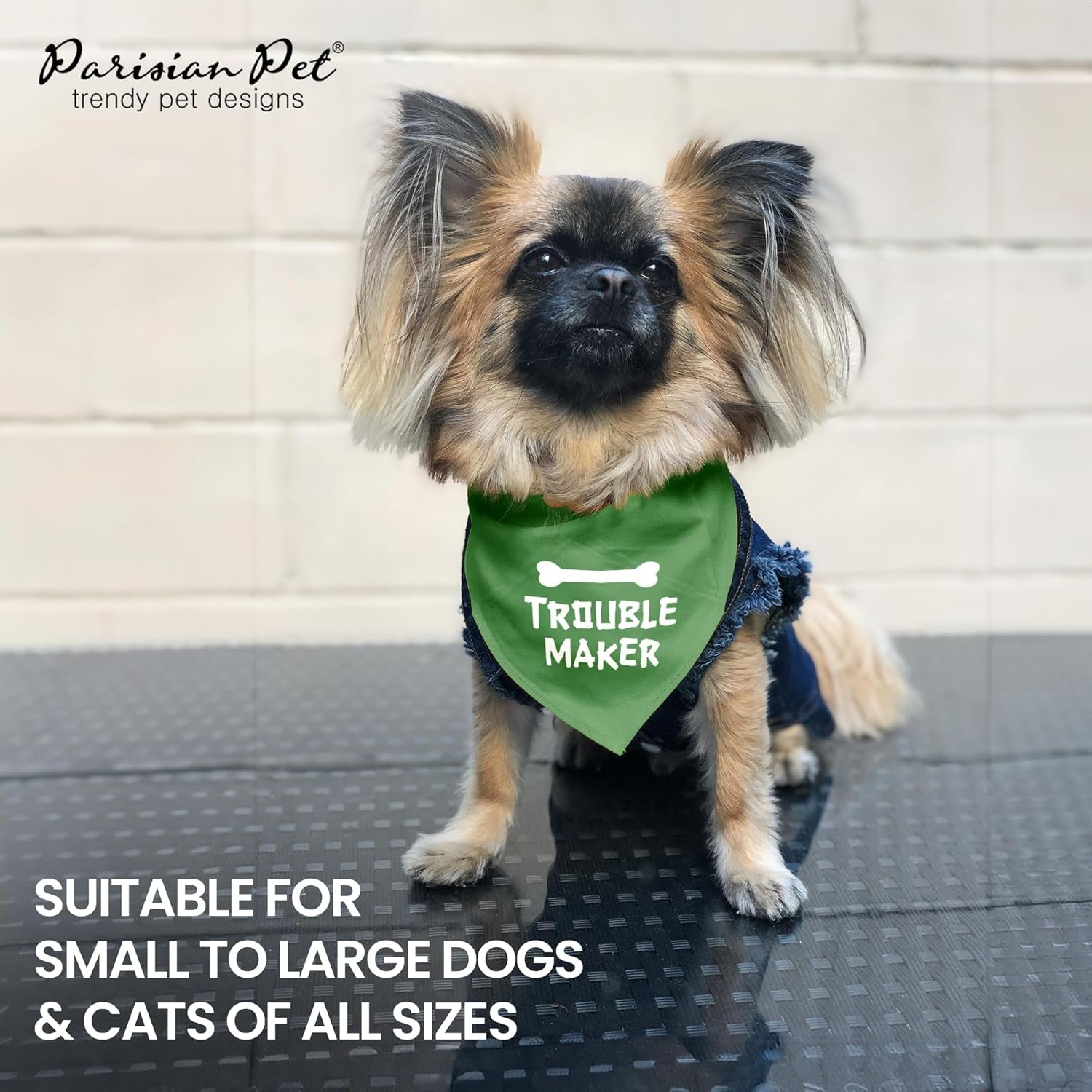 Unisex Dog Bandanas Funny with Printed 'Trouble Maker' Word - Tie-On Adjustable Polyester Dog Scarf for Small Dogs - Washable Triangle Dog Bib - Green Handkerchief for Pets - S