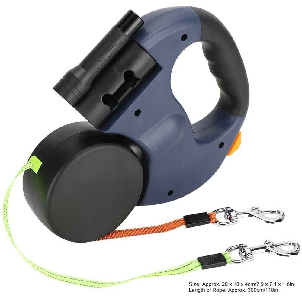 Two Dog Reflective Retractable Pet Leash – 360 Degree No Tangle Double Dogs Reflective Orange and Green Leads. Dual Locking 10 Ft Leads