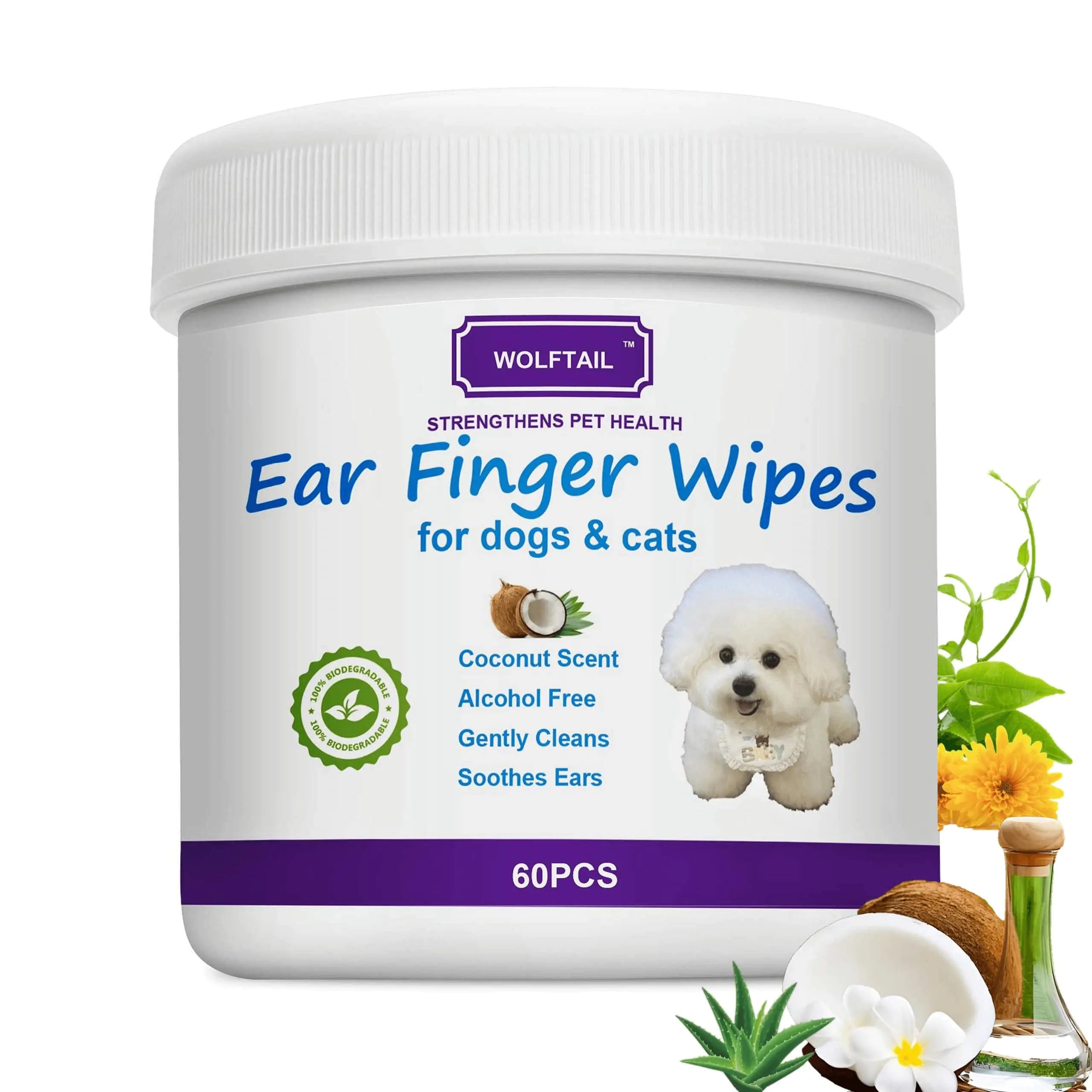 Dog Ear Wipes Dog Ear Cleaner Large Size - 60 Count Coconut Scent